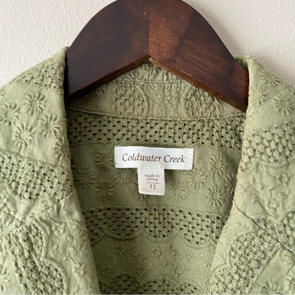 COLDWATER CREEK Garden Girl Olive Green 100% Cotton Eyelet Short Sleeve Blazer - Picture 5 of 10